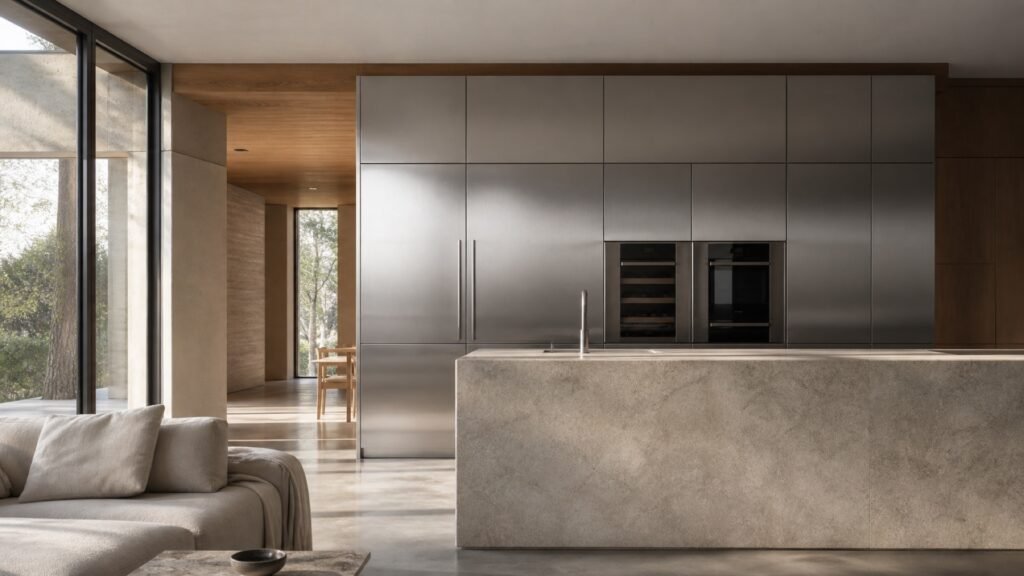 Demo stainless steel whole-house kitchen and living interior