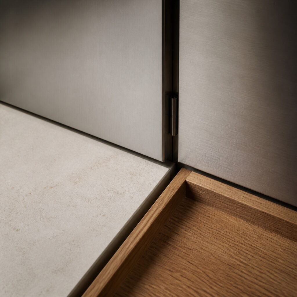 Demo material reference showing stainless steel, stone and timber junctions