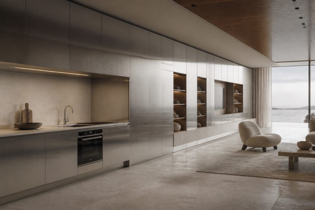 Concept rendering of a connected stainless steel kitchen-to-living storage wall