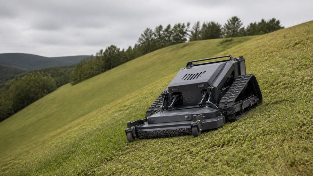 Graphite-black demo remote-control tracked mower operating on a slope