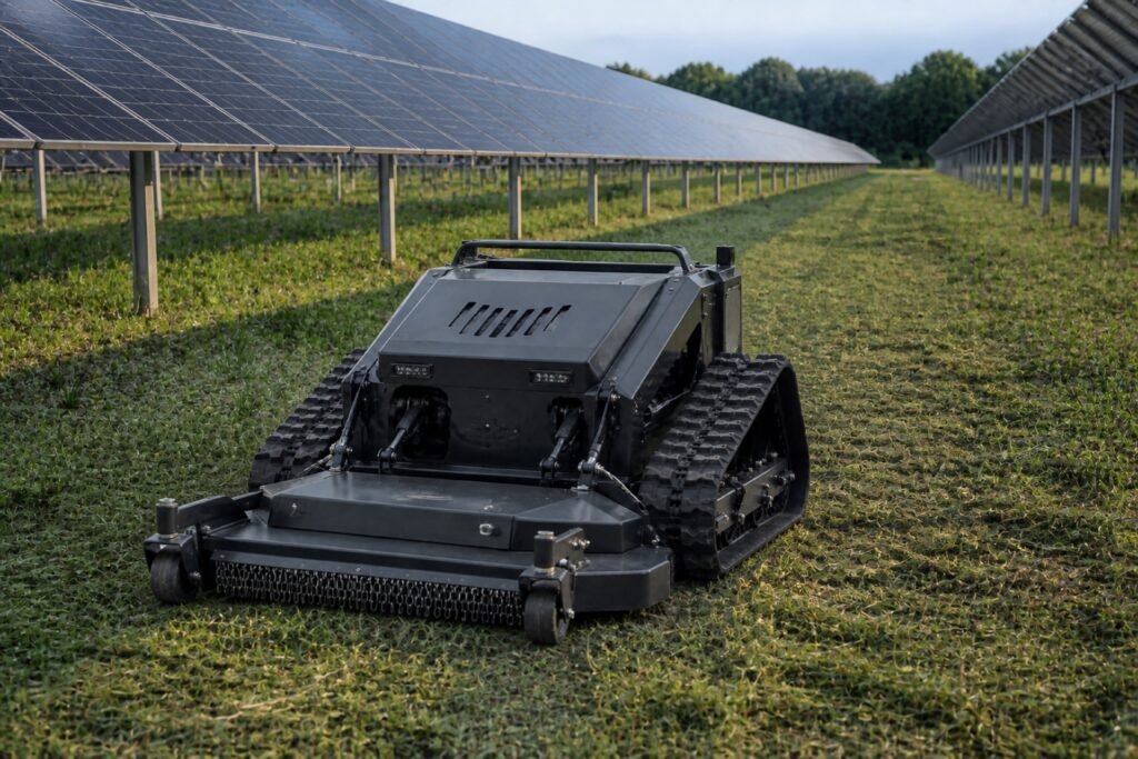 Demo tracked mower maintaining vegetation at a solar farm